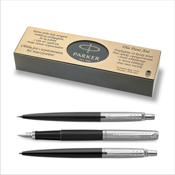 PARKER JOTTER ZESTAW BOND STREET BLACK PIÓRO WIECZNE, DŁUGOPIS I OŁÓWEK + tabliczka